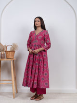 Chanderi V Neck Flare Kurta - Pink
