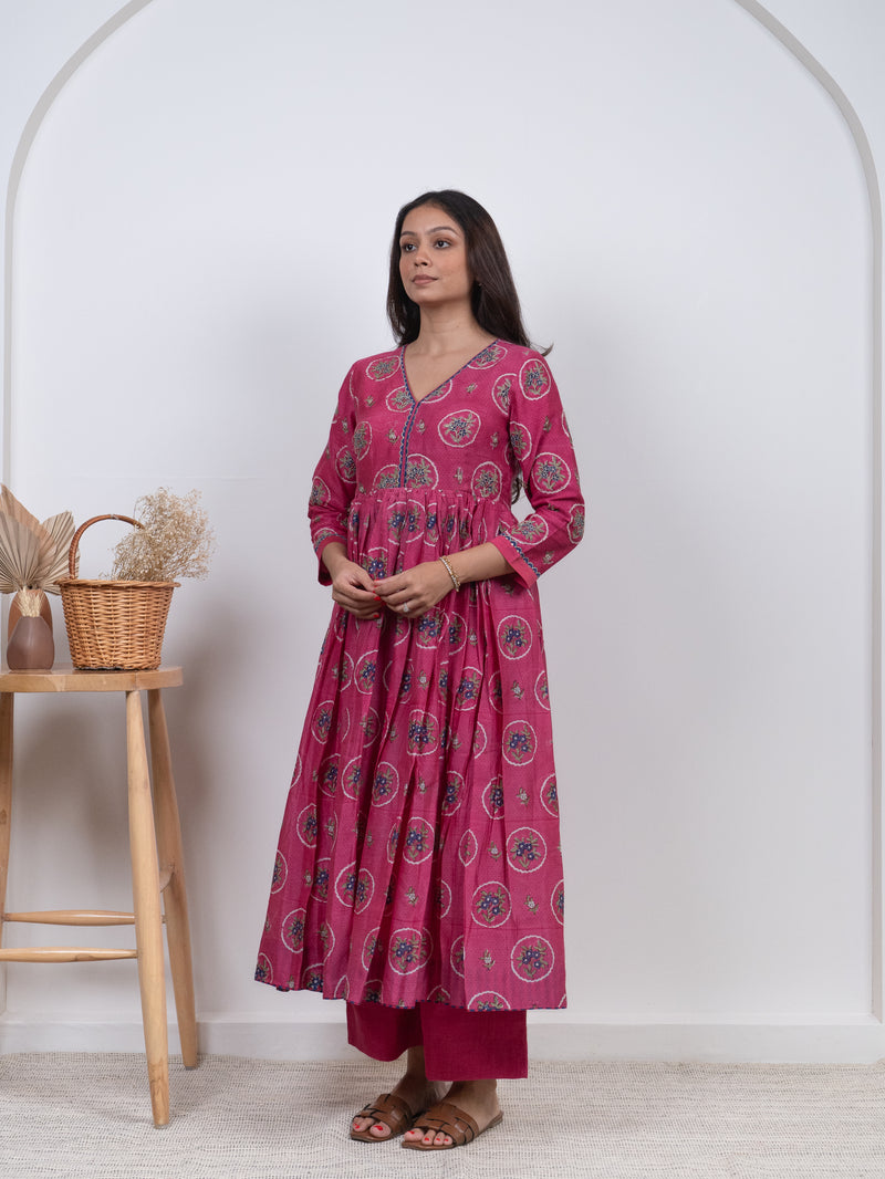 Chanderi V Neck Flare Kurta - Pink
