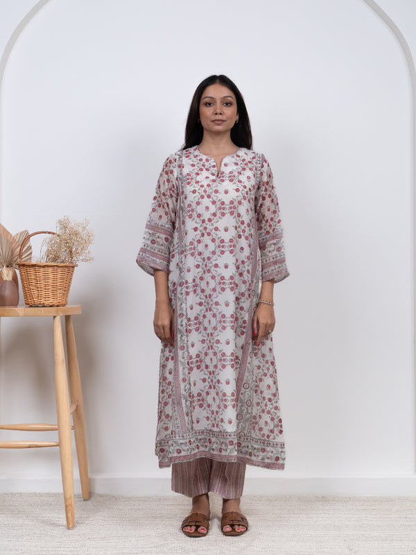 Chanderi Hand Block Printed Kurta- White