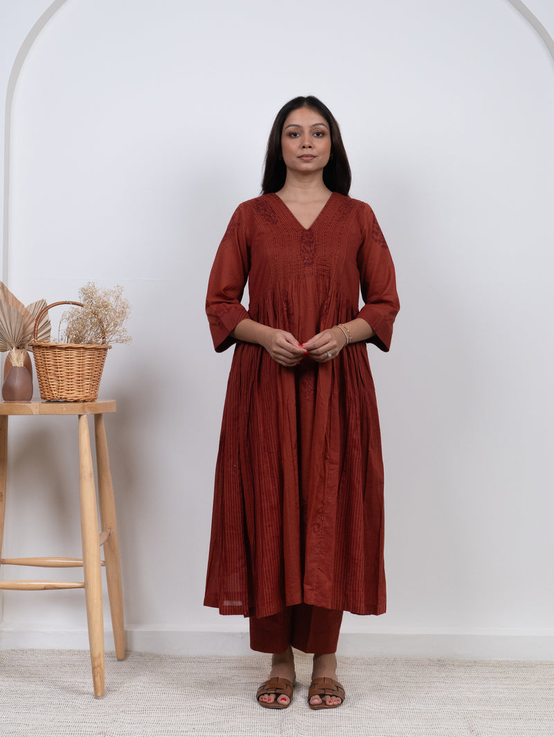 Cotton Hand Block Printed Parallel - Rust