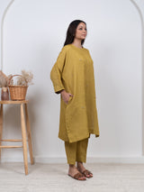 Linen Hand Embroidered Kurta - Yellow