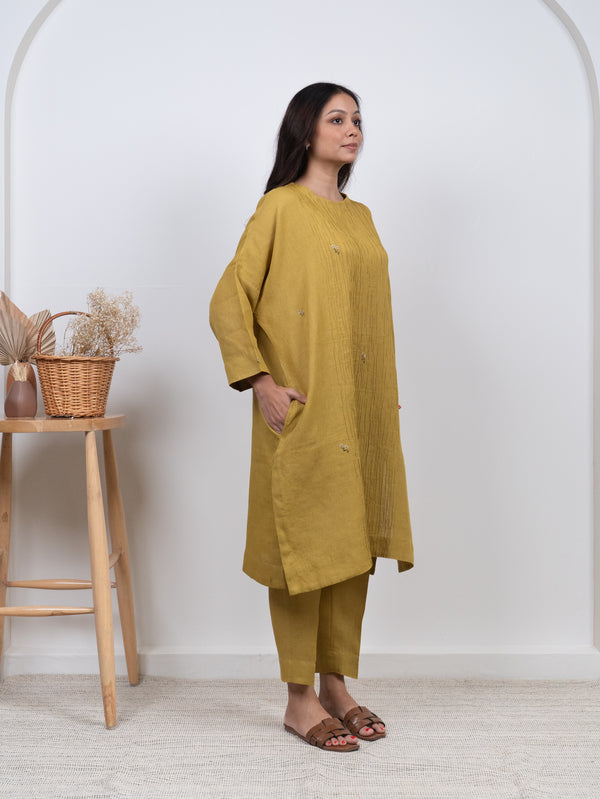 Linen Hand Embroidered Kurta - Yellow