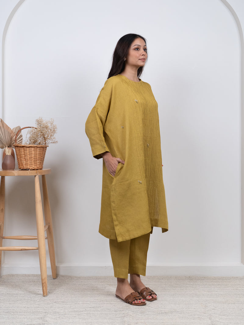 Linen Hand Embroidered Kurta - Yellow