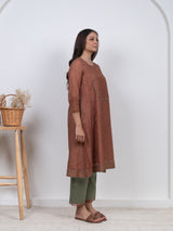 Chanderi Hand Block Printed Embroidered Kurta - Peach