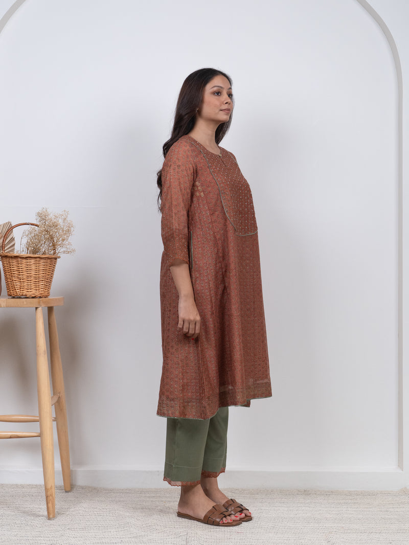 Chanderi Hand Block Printed Embroidered Kurta - Peach