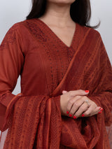 Cotton Kota Doria Hand Block Printed Dupatta - Rust