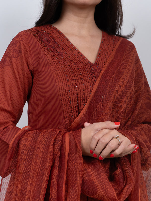 Cotton Kota Doria Hand Block Printed Dupatta - Rust