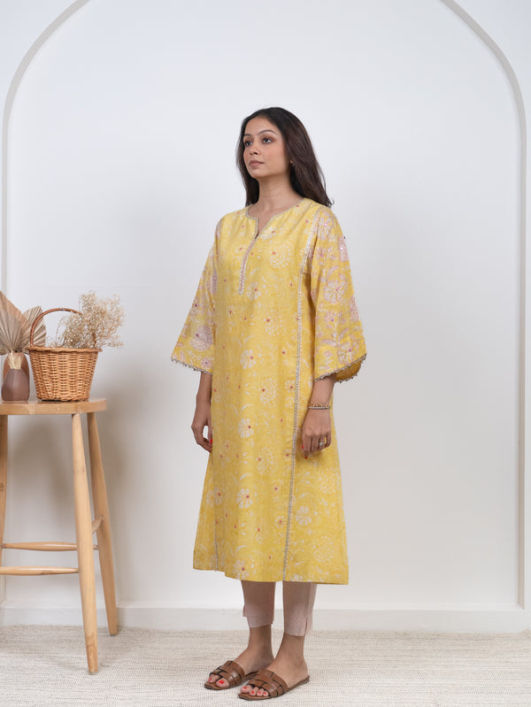 Chanderi Hand Block Printed kurta- Yellow