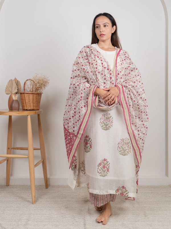 Chanderi Hand Block Printed Dupatta - White