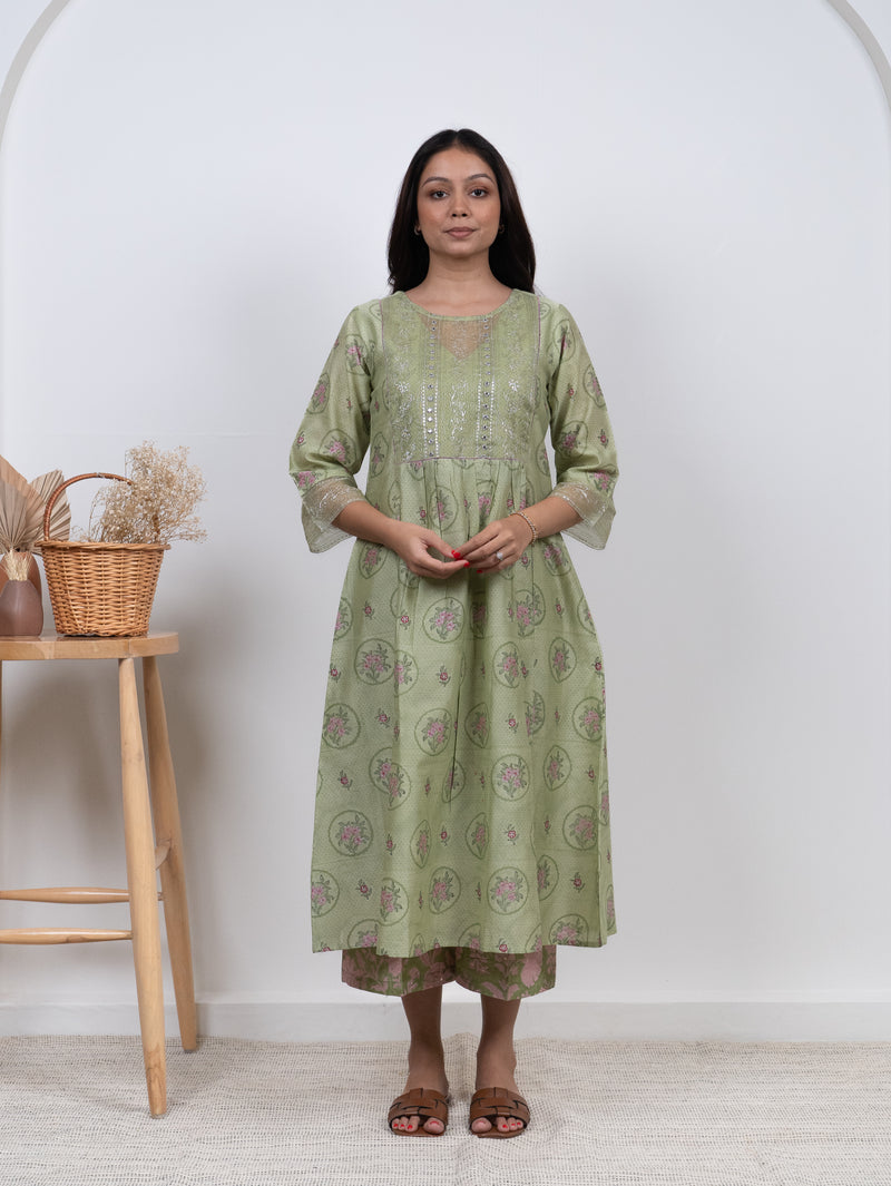 Chanderi Hand Embroidered Kurta - Green