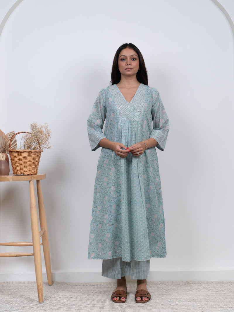 Cotton Hand Block Printed Parallel - Green