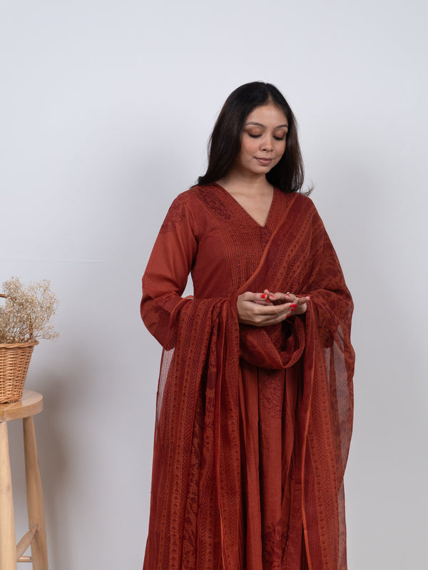 Cotton Kota Doria Hand Block Printed Dupatta - Rust