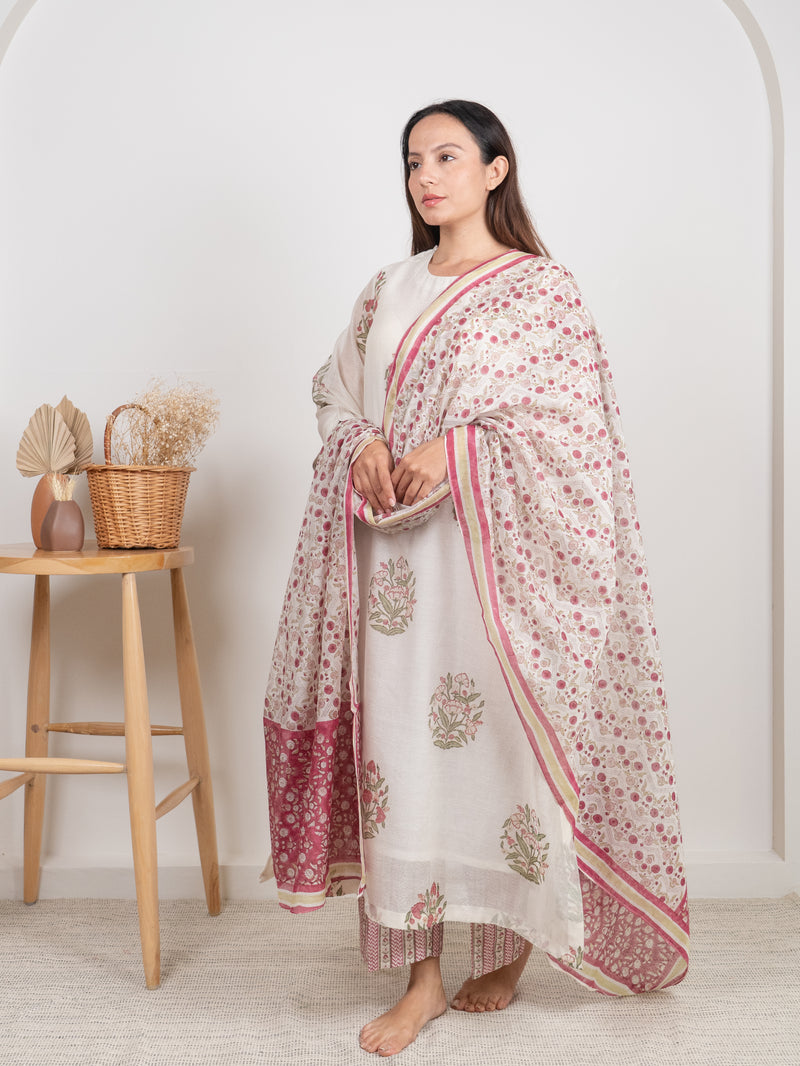 Chanderi Hand Block Printed Dupatta - White