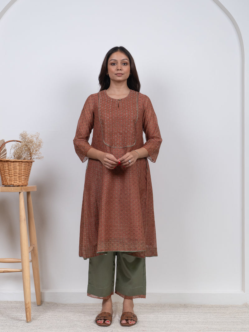 Chanderi Hand Block Printed Embroidered Kurta - Peach