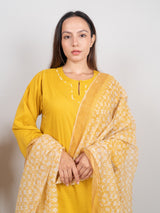 Kota Doria Hand Block Printed Dupatta - Yellow