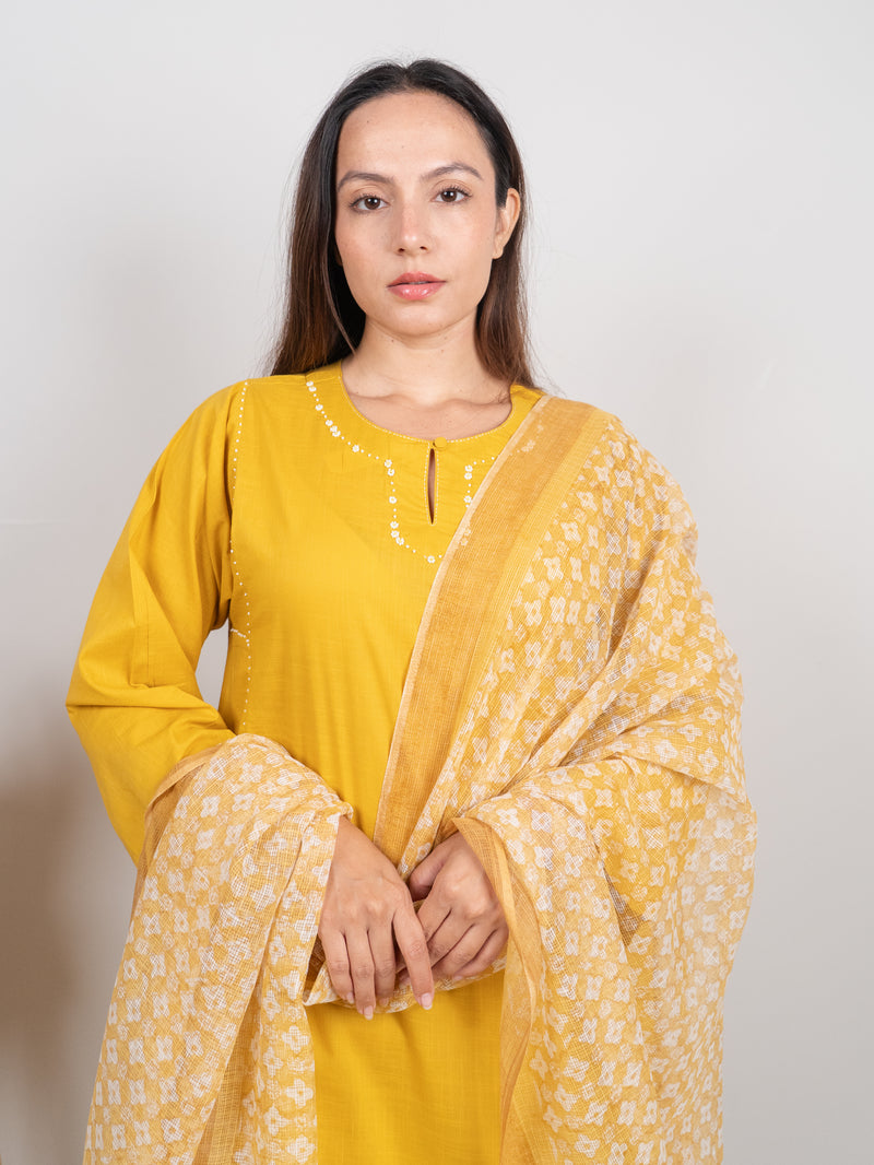 Kota Doria Hand Block Printed Dupatta - Yellow