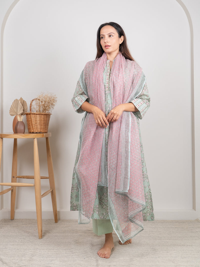 Cotton Kota Doria Hand Block Printed Dupatta - Pink