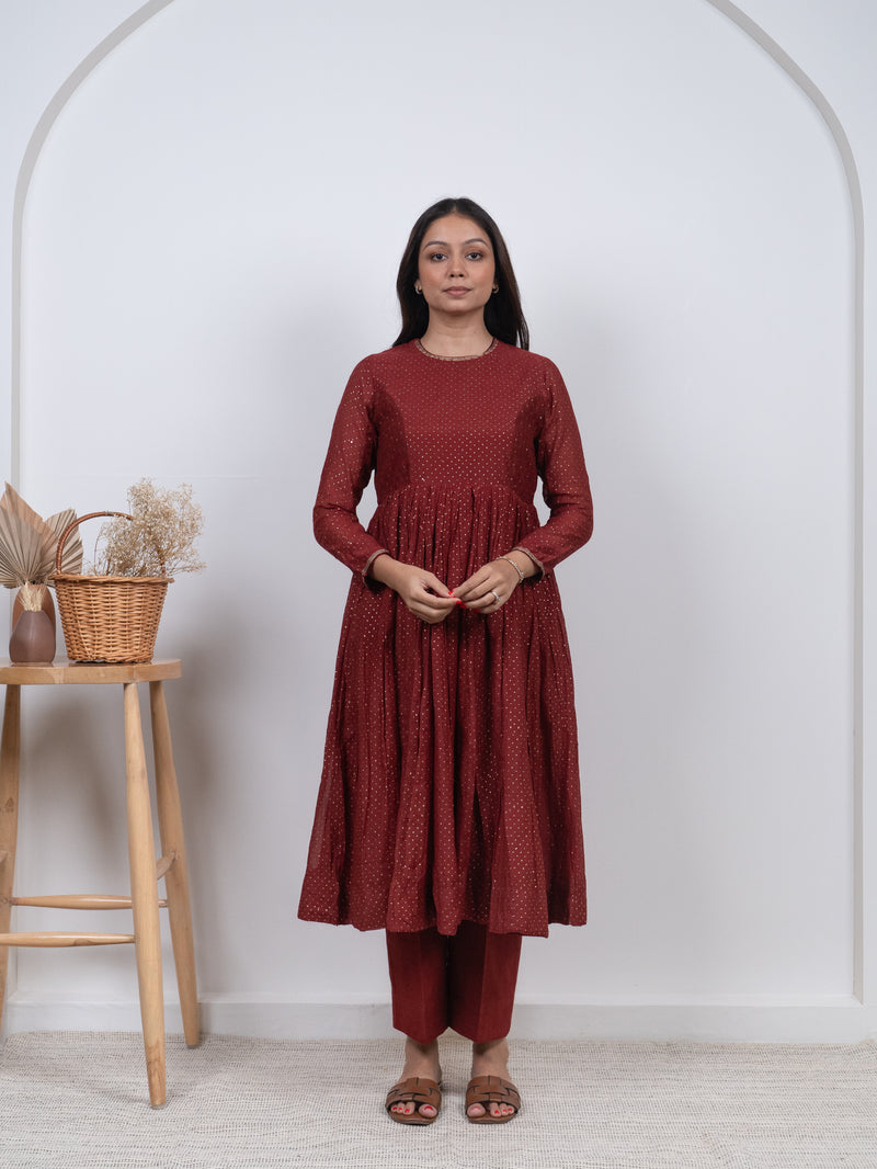 Chanderi Hand Block Printed Embroidered Kurta - Red