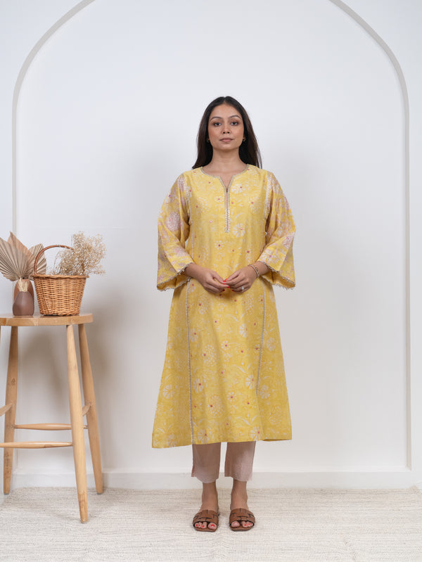 Chanderi Hand Block Printed kurta- Yellow