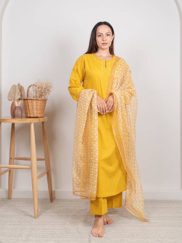 Kota Doria Hand Block Printed Dupatta - Yellow