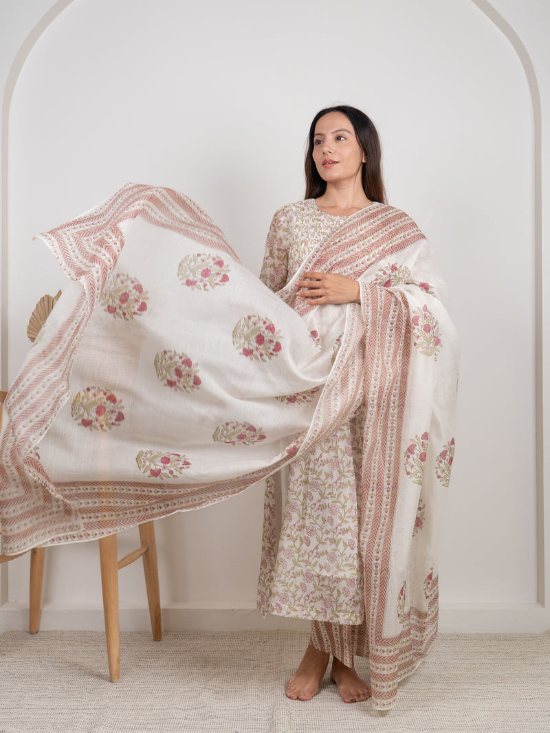 Chanderi Hand Block Printed Dupatta - Pink