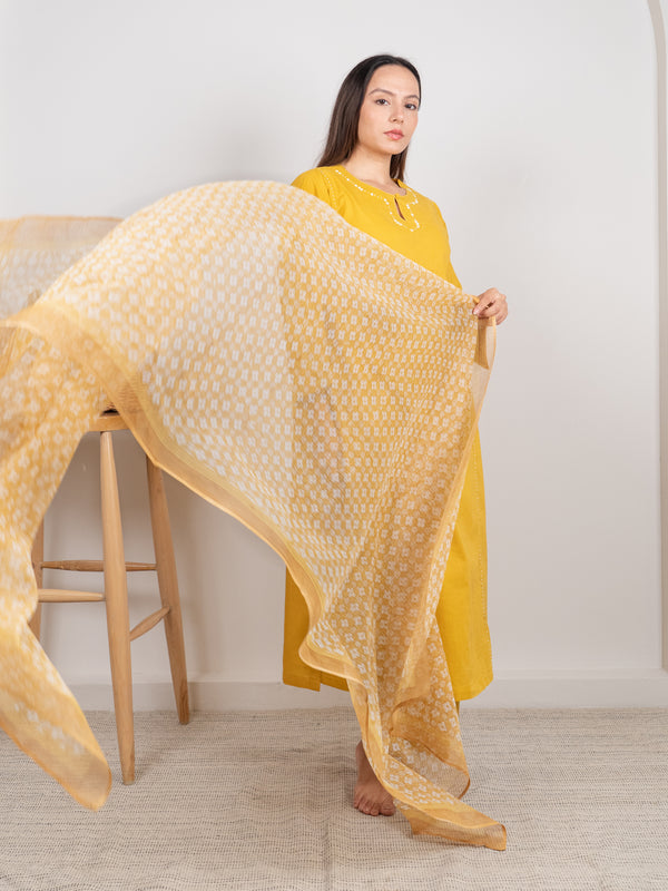 Kota Doria Hand Block Printed Dupatta - Yellow
