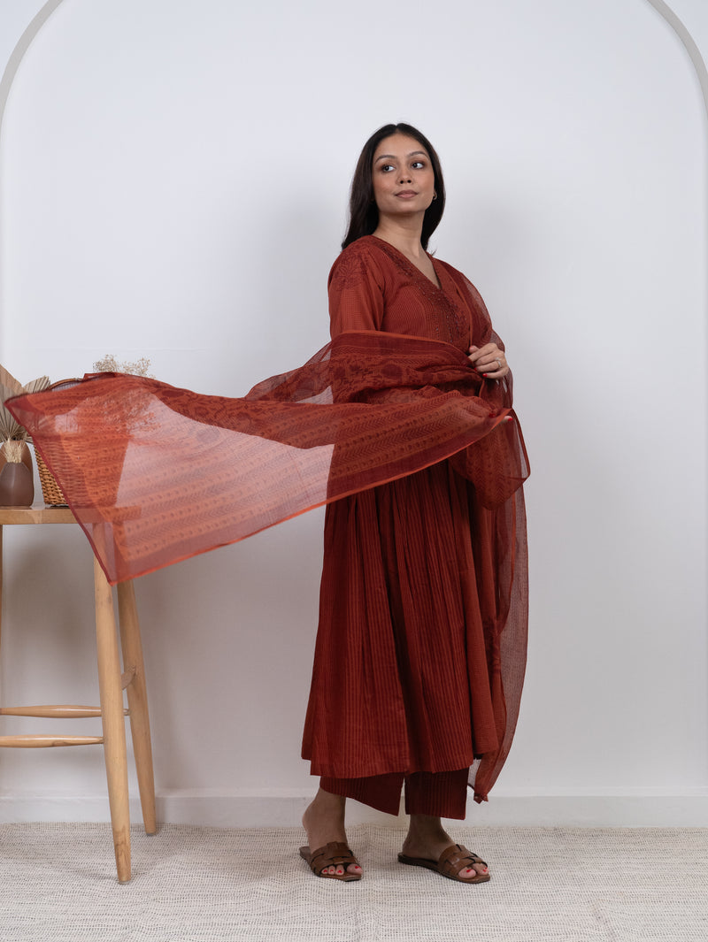 Cotton Kota Doria Hand Block Printed Dupatta - Rust