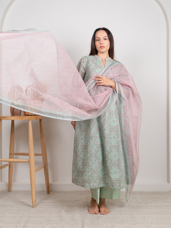 Cotton Kota Doria Hand Block Printed Dupatta - Pink