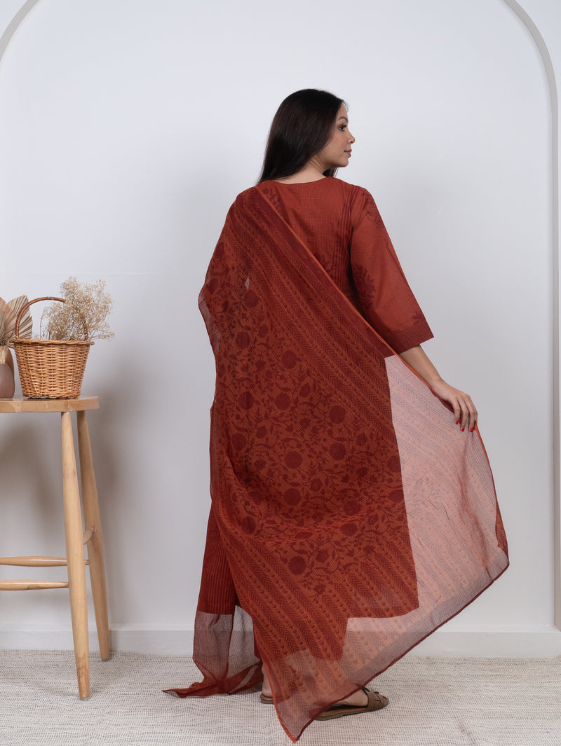 Cotton Kota Doria Hand Block Printed Dupatta - Rust
