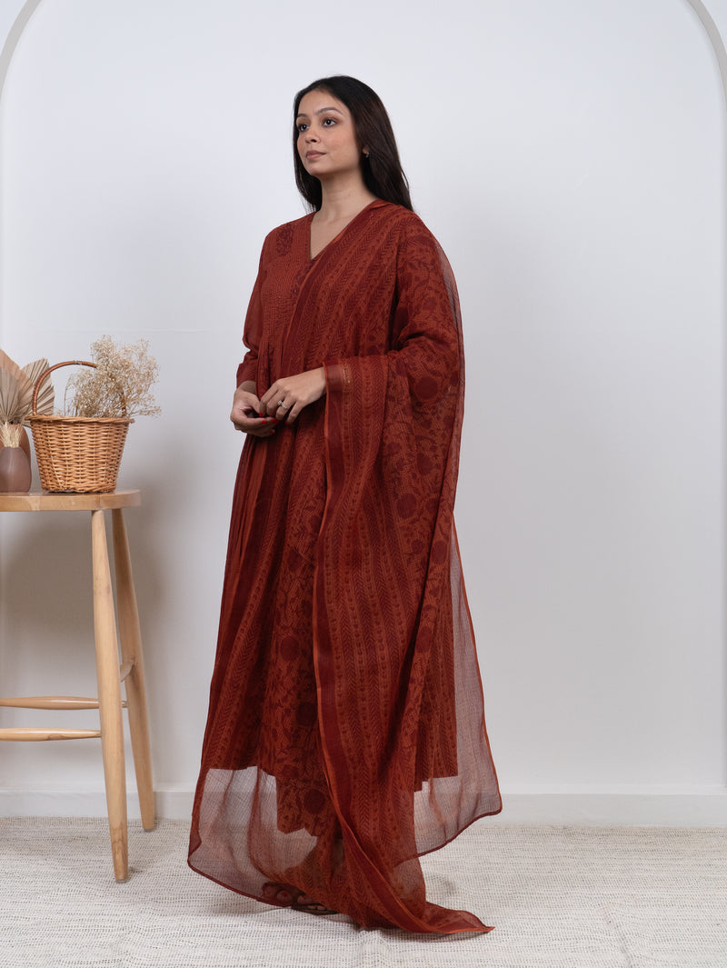 Cotton Kota Doria Hand Block Printed Dupatta - Rust