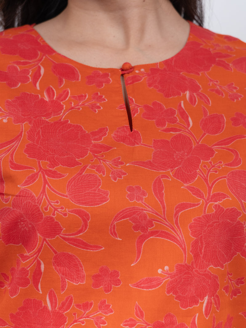 Cotton Screen Printed Short Kurti - Orange