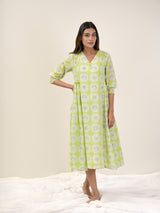 Cotton Hand Block Printed Dress - Green
