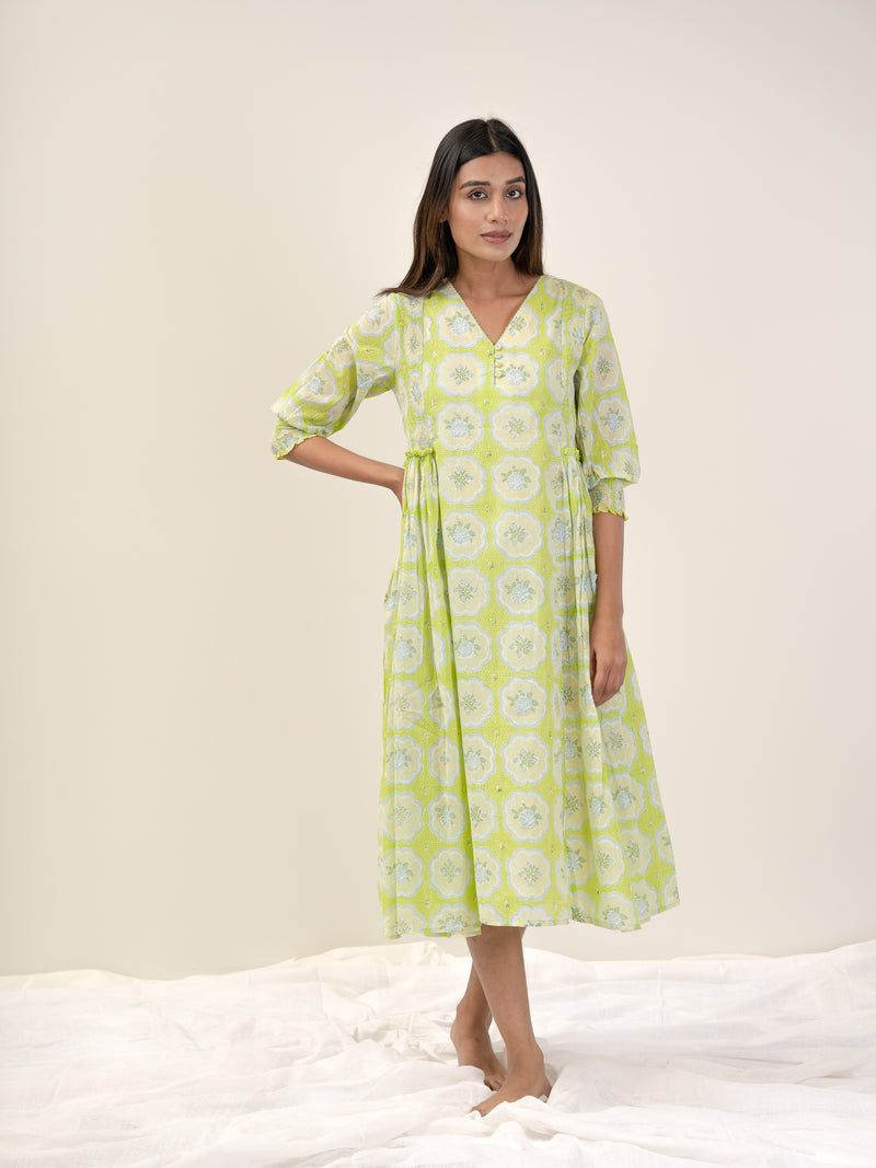 Cotton Hand Block Printed Dress - Green