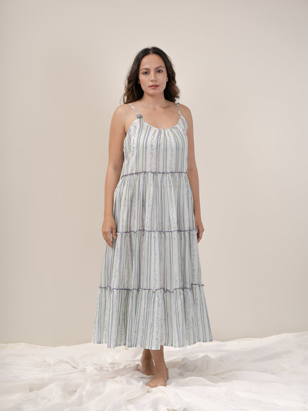 Cotton Hand Blocked Printed Dress - Blue