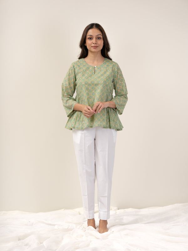 Cotton Hand Block Printed Top - Green