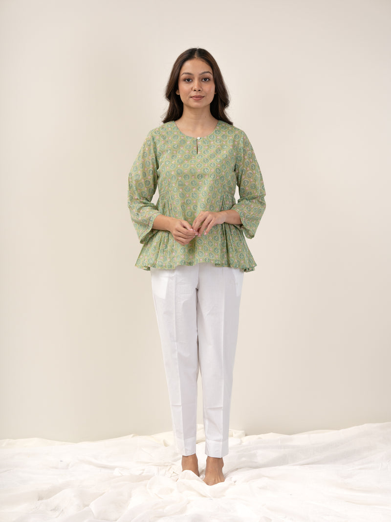 Cotton Hand Block Printed Top - Green