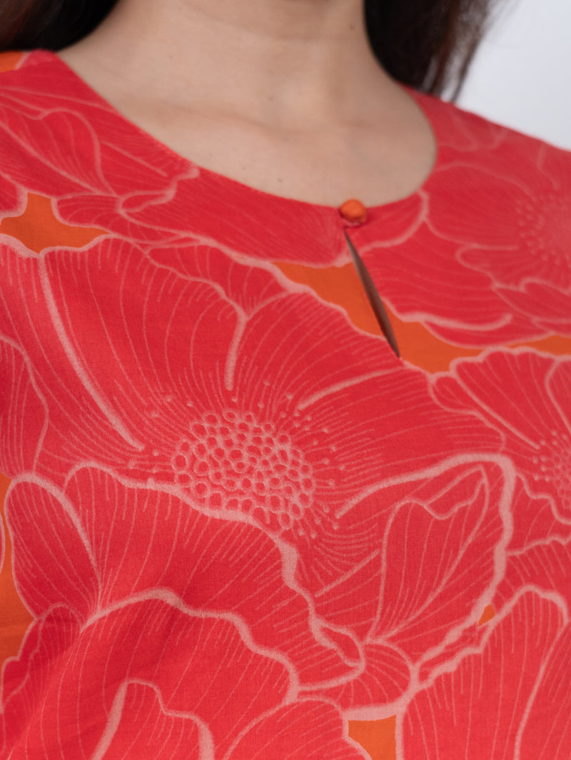 Cotton Screen Printed Kurta - Orange