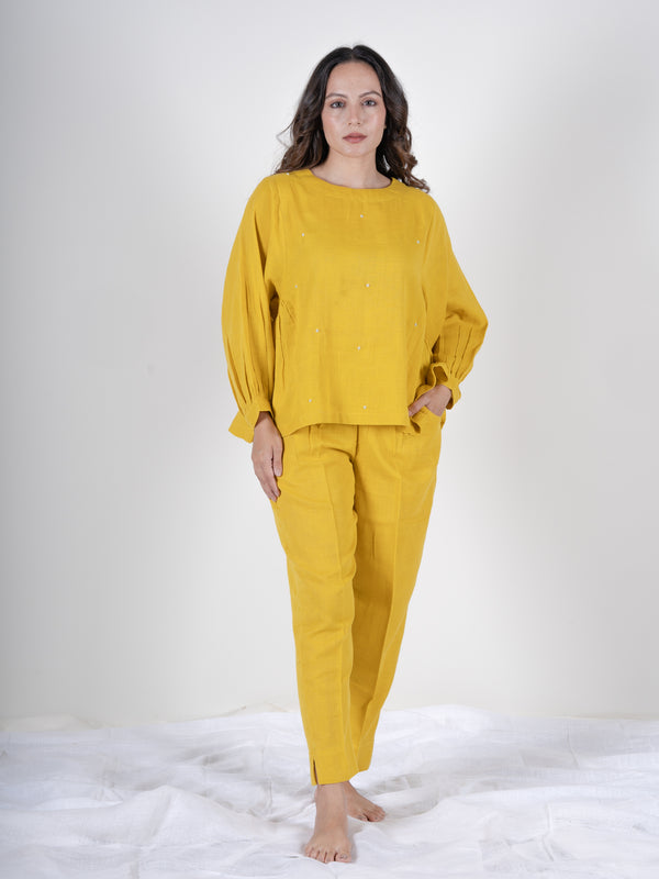 Cotton Co-ord Set with Pants and Round Neck Top- Yellow