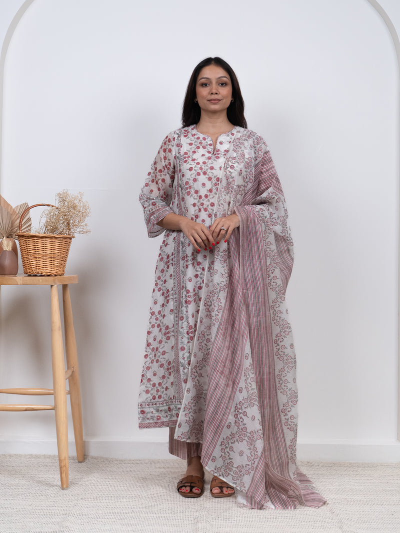 Chanderi Hand Block Printed Dupatta - White