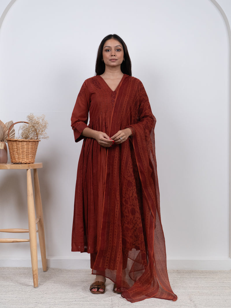 Cotton Kota Doria Hand Block Printed Dupatta - Rust