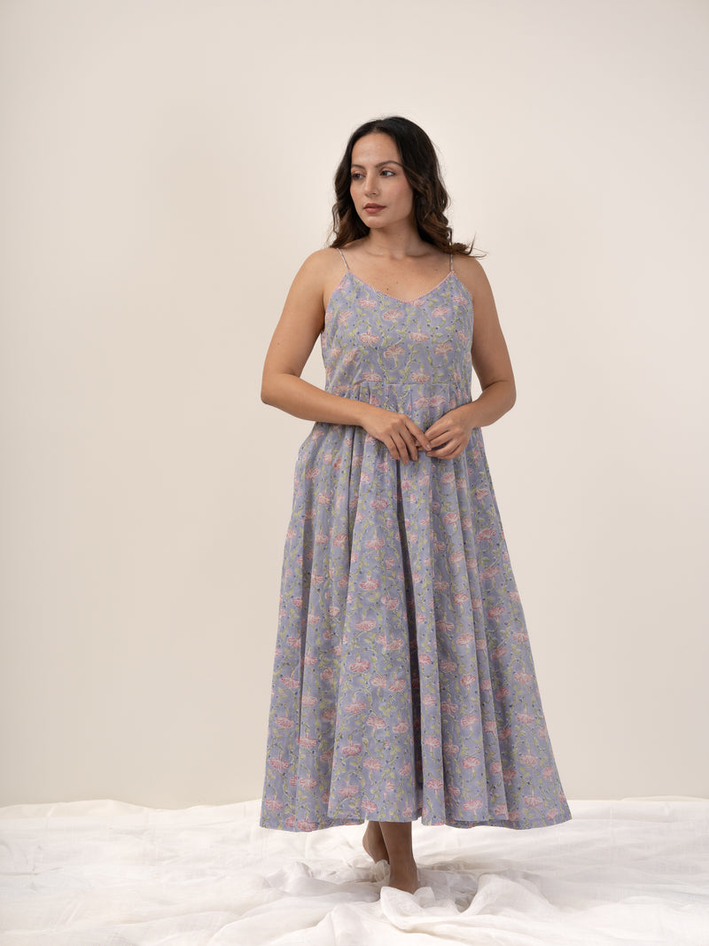 Cotton Hand Block Printed Dress - Purple