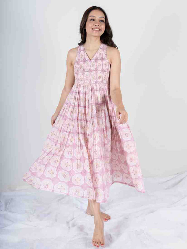 Cotton Hand Block Printed Dress - Pink