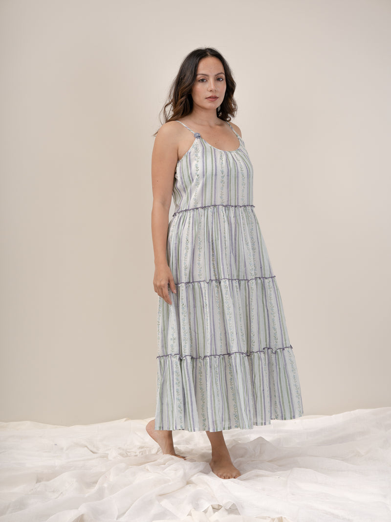 Cotton Hand Blocked Printed Dress - Blue