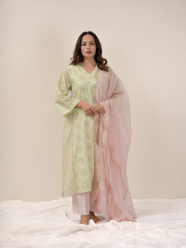 Cotton Hand Block Printed kurta- Green