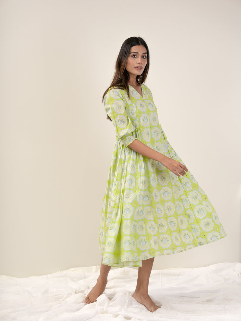 Cotton Hand Block Printed Dress - Green