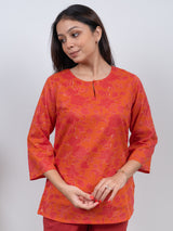 Cotton Screen Printed Short Kurti - Orange