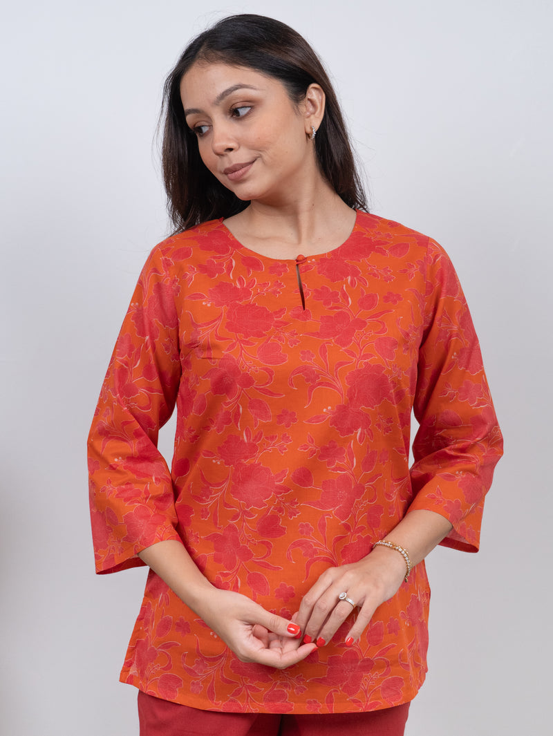 Cotton Screen Printed Short Kurti - Orange