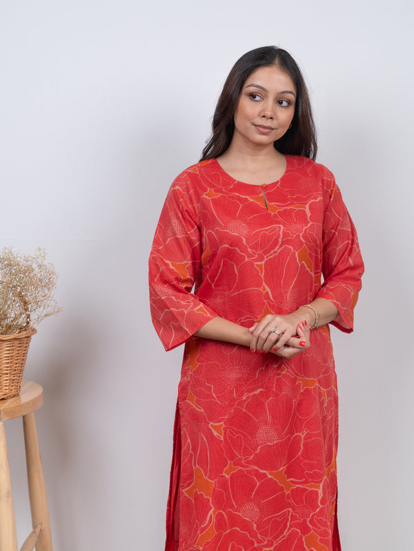 Cotton Screen Printed Kurta - Orange