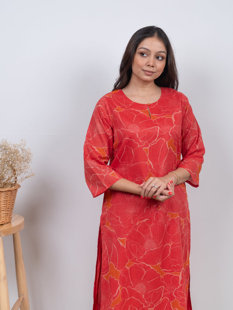 Cotton Screen Printed Kurta - Orange