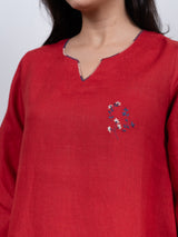 Linen Hand Embroidered Dress - Red